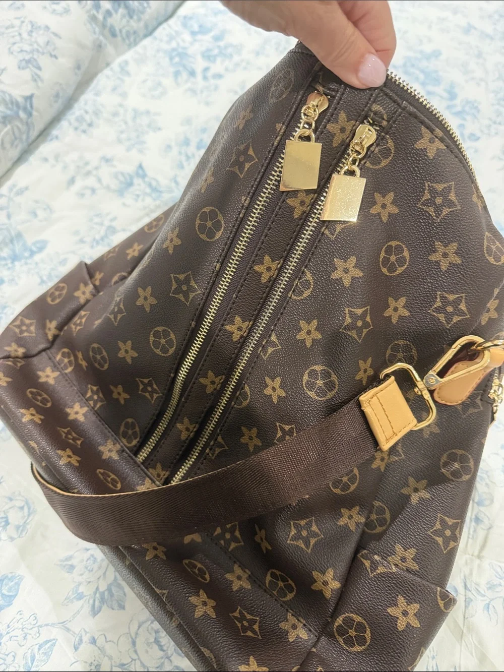 Monogram-Style Brown Backpack with Tan Accents with matching pouch wallet